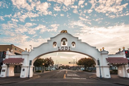 Lodi-CA Lodi CA street with overhead arch sign