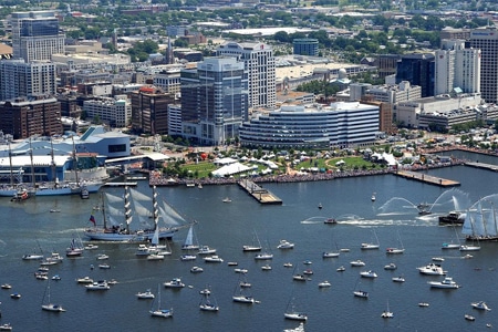 Norfolk-VA Aerial cityscape of Norfolk VA with boats and ships