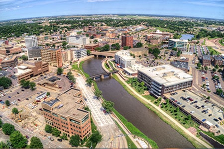 SIOUX-FALLS Aerial view of Sioux Falls SD with river