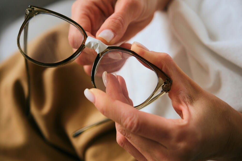A close-up of a pair of broken eyeglasses with the bridge temporarily held together by white tape.