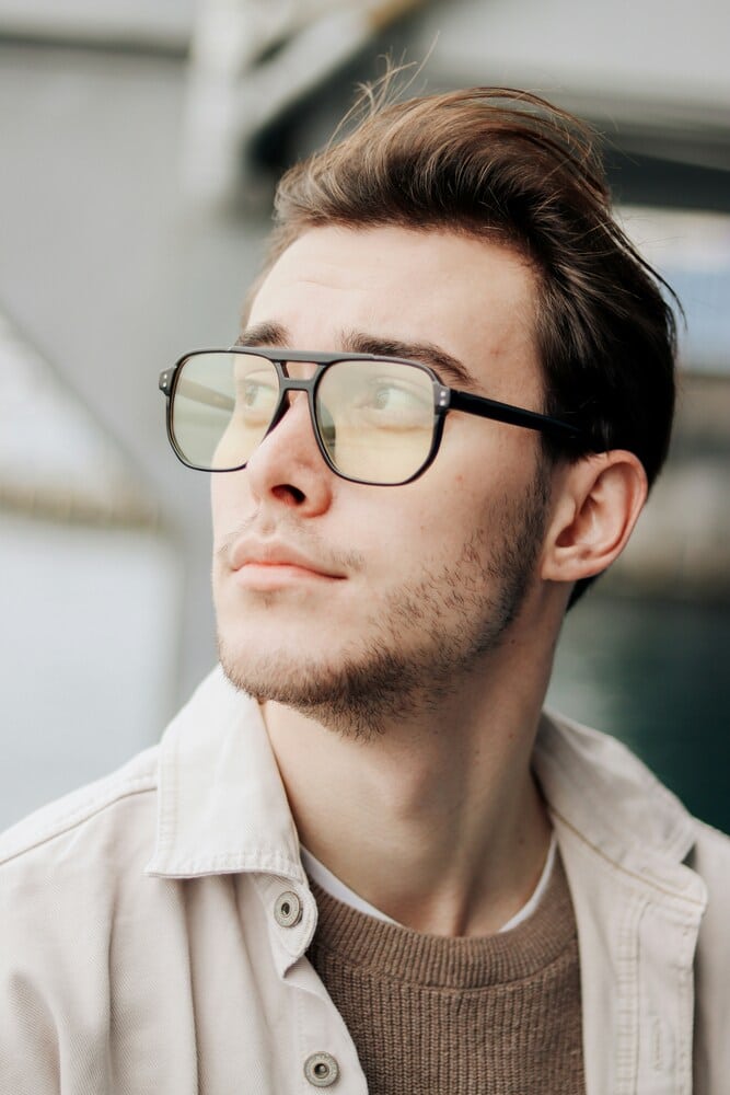 luxury eyewear men man wearing titanium eyeglasses