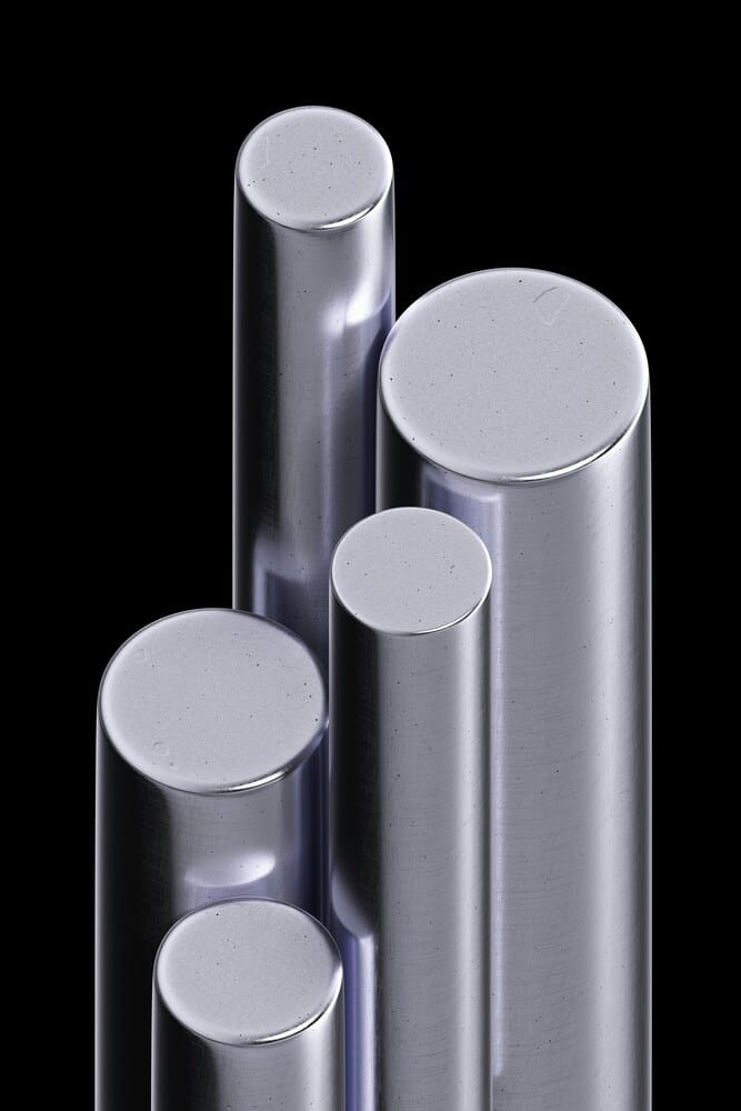 Polished titanium rods demonstrating the premium industrial metal used in laser welding eyeglass frames