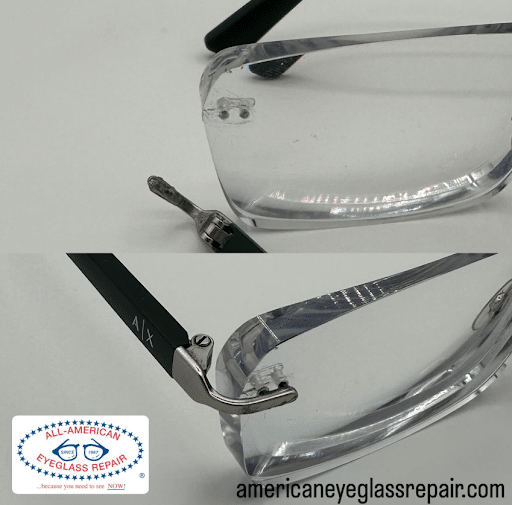 Broken rimless eyeglass (mounting post) repaired using precision laser welding by All American Eyeglass Repair, restoring clear frame structure and durability