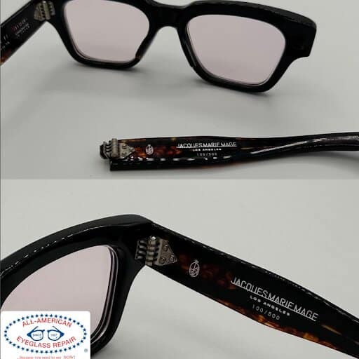 Jacques Marie Mage designer glasses with broken hinge expertly repaired and restored by All American Eyeglass Repair, preserving high-end frame integrity and function